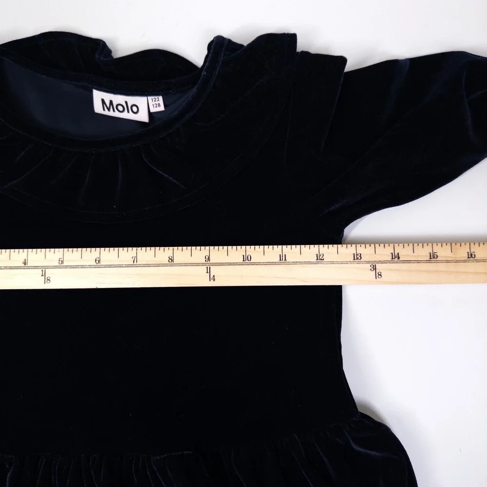 Molo Cyanne‎ Dress Kids 7-8 Navy Blue Velour Ruffle Collar Long Sleeve